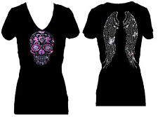 CAMISETA DE MANGA CORTA ALL RHINESTONE SUGAR CALAVERA ÁNGEL ALAS BLING CUELLO DE VN segunda mano  Embacar hacia Argentina