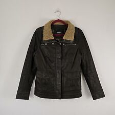 Barneys Ladies Dark Brown Leather Jacket Uk 14 Winter Coat Sherpa Collar Pockets, used for sale  Shipping to South Africa