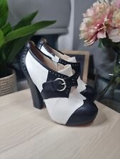 Nine West Leather Oxford Black White Chunky High Heel Brogue Buckle Shoes - Sz 5 for sale  Shipping to South Africa