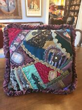 Victorian Antique Crazy Quilt Pillow - Old 1890's Embroidered Velvet Signed  18" for sale  Shipping to South Africa