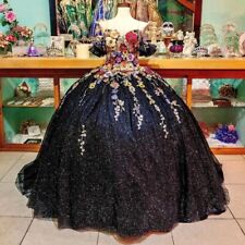 Vestidos de quinceañera negros brillantes con cuentas 3D flores dulces 15 16 vestidos de baile de graduación segunda mano  Embacar hacia Argentina