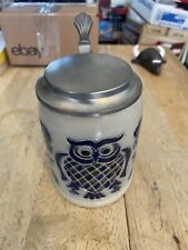 Merkelbach Salt-Glazed lidded Beer Stein with Cobalt Blue Owl Design 5" for sale  Shipping to South Africa