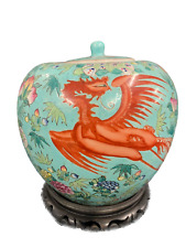 Antique Pot Potiche Oriental Bas Turquoise Avec Dragon Rouge Base Bois comprar usado  Enviando para Brazil