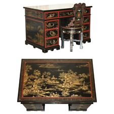 VINTAGE CHINESE CHINOISERIE DECORATED PAINTED & LACQUERED PEDESTAL DESK & CHAIR for sale  Shipping to South Africa