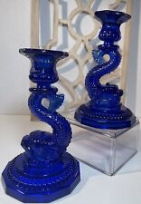 2 Vntg Portieux Vallerysthal COBALT BLUE - BEARDED KOI - Candlestick Holders 8”, used for sale  Shipping to South Africa