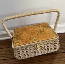 Vintage Woven Wicker Sewing Basket with Yellow Floral Interior Made in Japan for sale  Shipping to South Africa