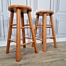 Pair Of 2 Retro Solid Wooden Round Tall Breakfast Bar Stools Pub Bar Seats for sale  Shipping to South Africa
