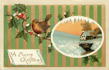 Papel de parede cartão postal em relevo cena de inverno feliz Natal listras verdes e douradas comprar usado  Enviando para Brazil
