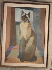 Vintage Mid Century Modern Abstract Cubist Cubism Painting Siamese Cat HUSTON for sale  Shipping to Canada
