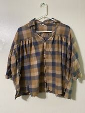 Easel Womens Cropped Flannel Button Up Top Plaid Fringe Hem Boho Lagenlook Small for sale  Shipping to South Africa