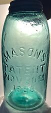 MASON'S PATENT NOV. 30TH 1858 ROUGH FINISH Teal Blue 1/2 Gallon Fruit Jar W/Lid for sale  Shipping to South Africa