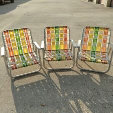 (3) Cadeiras de alumínio vintage dobráveis baixas gramado praia piscina web'd verde amarelo laranja comprar usado  Enviando para Brazil