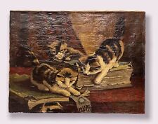 Antique Illegibly Signed Portrait Of Cats Unframed Oil Painting on Canvas for sale  Shipping to Canada