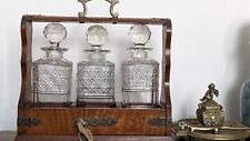 Antique English Cut Crystal 3 Decanter Tantalus Set with Oak Carriage + Key for sale  Shipping to South Africa