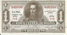 Banco Central de Bolivia 1952 Un Boliviano UNC. ) Billete serie T 15 # 6 segunda mano  Embacar hacia Argentina