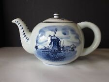 Vintage Delft Holland Hand painted blue on white Teapot windmill floral chubby for sale  Shipping to South Africa