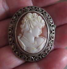 VINTAGE SIGNED JEWELLERY SILVER MARCASITE CARVED SHELL CAMEO BROOCH PIN PENDANT for sale  SCARBOROUGH