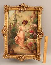 19thC Antique A. SECOLA Oil Painting Woman Victorian Flower Garden, Glass Atrium for sale  Shipping to Canada