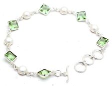 925 Sterling Silver Green Amethyst & MOP Gemstone Jewelry Bracelet Size-7-8" for sale  Shipping to South Africa