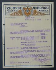 Facture ESPAGNE 1931 BARCELONA NOMDEDEU AZULEJOS CERAMICA  illustrée 60 comprar usado  Enviando para Brazil