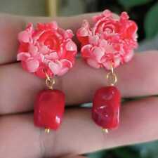 Usado, Brincos de flor de hibisco de coral feitos à mão + pingente de coral vermelho Clip-on Formal comprar usado  Enviando para Brazil