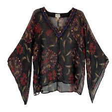 Chico's Top Feminino XL Preto Seda Floral Manga Quimono Larga Bordado Artístico 3 comprar usado  Enviando para Brazil