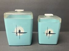 TWO Vtg 1950s 1960s Plastic Kitchen Canisters, Aqua/Turquoise Blue Retro MCM for sale  Shipping to South Africa