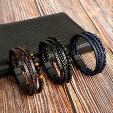 Mens Real Leather Bracelet Braided Wristband Bangle Punk Beaded Surfer Wrap Gift, used for sale  Shipping to South Africa