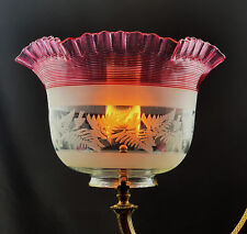 Victorian Cranberry Threaded Engraved Glass Gas Kerosene Oil Lamp Tulip Shade, used for sale  Shipping to South Africa