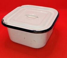 Vintage White & Navy Square  Enamelware Refrigerator Storage Box w/Lid 6" x 6" for sale  Shipping to South Africa