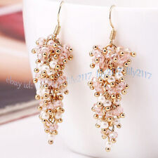 4mm Round White Shell Pearl 3x4mm Faceted Pink Crystal Dangle Gold Hook Earrings for sale  Shipping to South Africa