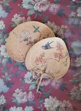 2 Vintage pintado à mão tecido palma ventiladores pássaros e flores  comprar usado  Enviando para Brazil