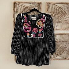 Blusa boho floral bordada con lunares negra para mujer talla S segunda mano  Embacar hacia Mexico