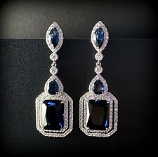 Lab-Created Blue Sapphire Long Square Drop Earrings 18k White Gold Filled Finish for sale  Shipping to South Africa
