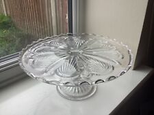 Vintage Large Art Deco Scalloped Edge Flower Pattern Pedestal Glass Cake Stand for sale  Shipping to South Africa