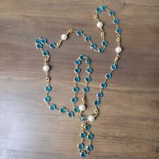 VTG Swarovski Lariat Teal Blue Crystal Bezel Knot Faux Pearl Gold Tone Necklace  for sale  Shipping to South Africa