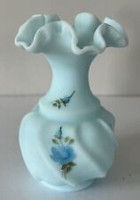 FENTON GLASS VASE  HAND PAINTED BLUE SATIN FINISH RUFFLED TOP SIGNED BY B SMITH for sale  Shipping to South Africa