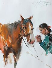 Painting Watercolor Original Horse Animal Horseman Impressionist Portrait 15x11 for sale  Shipping to South Africa