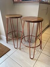 Pair of breakfast bar kitchen stools rose gold metal legs wooden seat for sale  Shipping to South Africa