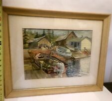 Signed Theodora BROWN WATERCOLOR  MINN Artist Fishing Cabin Boat Framed for sale  Shipping to South Africa