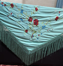 Xale espanhol, cachecol com bordado e franja - Bordado turquesa e floral, usado comprar usado  Enviando para Brazil