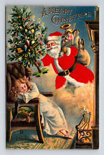 SILK SANTA CLAUS Thru Fireplace Christmas Tree Bag Doll Sleeping Girl Postcard for sale  Shipping to South Africa