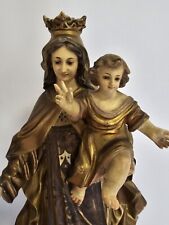 Estatua antigua de virgen y niño. Pasta de madera. Ojos de vidrio. Virgen del Carmen. España, usado segunda mano  Embacar hacia Argentina