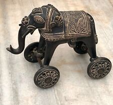 Indian vintage brass elephant on wheels - carved heavy toy statue, used for sale  Shipping to South Africa