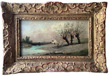 Pintura al óleo de madera firmada paisaje animado de Barbizon del siglo XIX cerca del río segunda mano  Embacar hacia Argentina