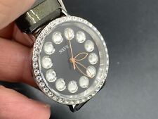 Solvil Srebrna kryształowa koperta czarna/kryształowa tarcza czarna skórzana pasek zegarek kwarcowy, używany na sprzedaż  Wysyłka do Poland