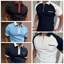 Camiseta polo masculina com zíper colarinho dois tons contraste bolso casual golfe moda camiseta comprar usado  Enviando para Brazil