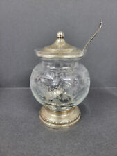 Vtg Etched floral glass Sugar Bowl / Sterling Silver Lid, base & Spoon Sheffield for sale  Shipping to South Africa