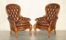 PAIR OF ANTIQUE SHOW FRAMED VICTORIAN CHESTERFIELD BROWN LEATHER ARMCHAIRS for sale  Shipping to South Africa