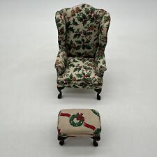 MINIATURE DOLLHOUSE CHRISTMAS HOLLY WING BACK CHAIR and foot stool 1 loose leg for sale  Shipping to South Africa